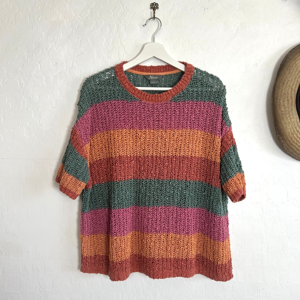 Natural Reflections Open Knit Striped Crop Sweater Short Sleeve XS/S Oversized